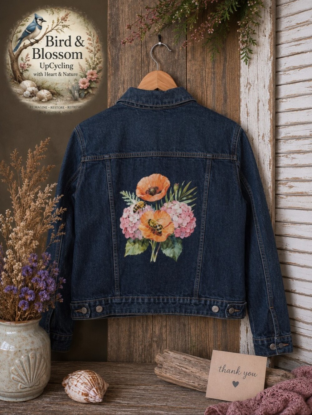 Old Navy | Women's L | Bird & Blossom Boutique Style | Jean Jacket | UpCycled